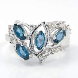 Срібна каблучка 925 проби 5,27 гр. з топазами Лондон Блу зі США та білими топазами зі США 1,53 карат