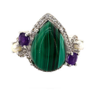 Серебряное кольцо 925 пробы 10,49 гр. с намибийским малахитом, бразильским аметистом, белой жемчужиной Камока остров Таити и топазами из США 18,42 карат