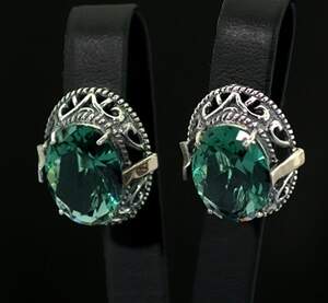 Срібні сережки 925 проби з золотом 375 проби 10,2 г з зеленими Альпінітами 16,44 к
