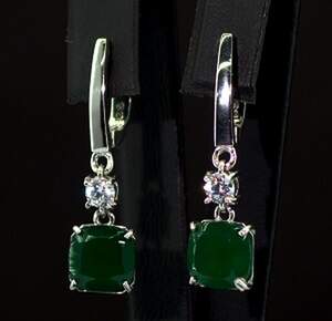 Срібні сережки 925 проби 5,5 г з зеленими Агатами та фіанітами 6,46 карат