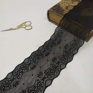 (1 метр) кружево гипюр стрейч, 10см Цвет черный (КС-7466Ч) (1 метр) кружево гипюр стрейч, 10см Цвет черный (КС-7466Ч)