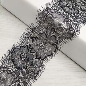 (3 метра) Французское кружево с ресничками, Шантильи 8см (1253), Цвет - черный (3 метра) Французское кружево с ресничками, Шантильи 8см (1253), Цвет - черный