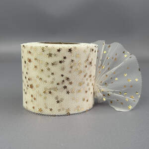 Фатин в рулонах 6см, моток 22 м - айвори с золотыми звездами Фатин в рулонах 6см, моток 22 м - айвори с золотыми звездами