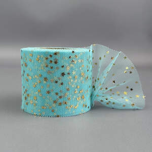 Фатин в рулонах 6см, моток 22 м - голубой с золотыми звездами Фатин в рулонах 6см, моток 22 м - голубой с золотыми звездами
