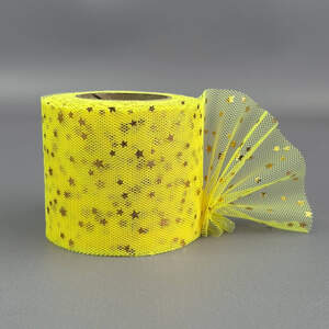 Фатин в рулонах 6см, моток 22 м - желтый с золотыми звездами Фатин в рулонах 6см, моток 22 м - желтый с золотыми звездами