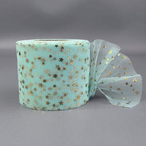 Фатин в рулонах 6см, моток 22 м - мятный с золотыми звездами Фатин в рулонах 6см, моток 22 м - мятный с золотыми звездами