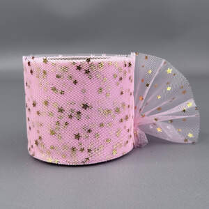 Фатин в рулонах 6см, моток 22 м - розовый с золотыми звездами Фатин в рулонах 6см, моток 22 м - розовый с золотыми звездами