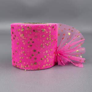 Фатин в рулонах 6см, моток 22 м - розовый яркий с золотыми звездами Фатин в рулонах 6см, моток 22 м - розовый яркий с золотыми звездами