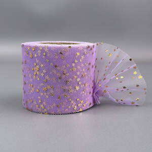Фатин в рулонах 6см, моток 22 м - сиреневый с золотыми звездами Фатин в рулонах 6см, моток 22 м - сиреневый с золотыми звездами