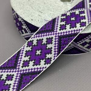 3 см Тесьма национальная с орнаментом - фиолетовая с белым