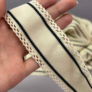 Лампасная тесьма-ажурная, трикотажная 4 см - айвори с черными