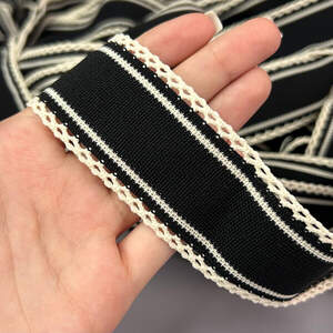 Лампасная тесьма-ажурная, трикотажная 4 см - черная с бежевым