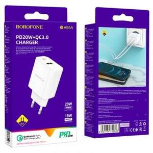 Мережевий Зарядний Пристрій Borofone BA55A (PD/QC3.0) 1Type-C/1USB/2.4A/20W (Білий) Мережевий Зарядний Пристрій Borofone BA55A (PD/QC3.0) 1Type-C/1USB/2.4A/20W (Білий)
