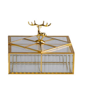 Шкатулка для украшений Золотой олень квадратная стекло с металлическим каркасом 22х22 см
