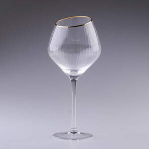 Бокал для вина высокий фигурный прозрачный ребристый из стекла с золотым ободком набор 6 шт