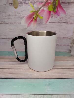 Біла металева чашка з чорним карабіном | Туристична чашка 300 мл | Принт у вартості