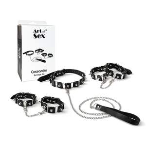 Бондажний набір: нашийник з повідцем, наручники та поножі Art of Sex - Cassandra, колір чорний